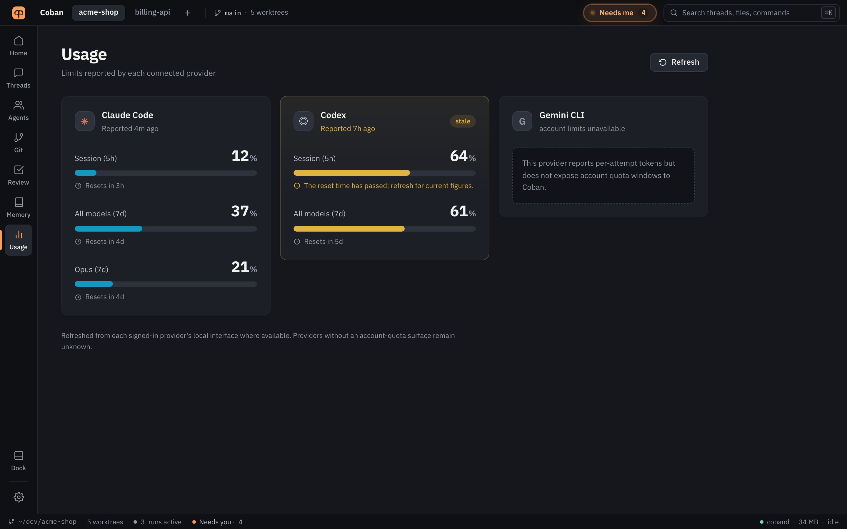 Coban's Usage screen: provider limits with how much of each is used and when it resets.